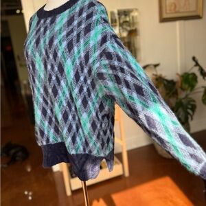 Aerie Blue and Green Fuzzy Argyle Oversized Knit Sweater -Small